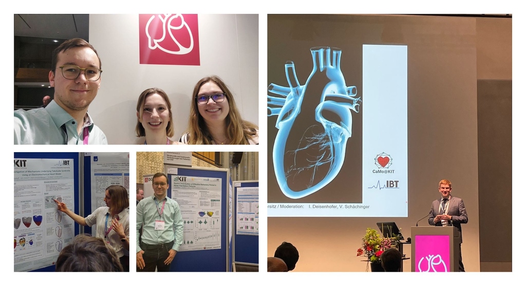 Gruppe von drei Personen beim Konferenzbesuch; mehrere Posterstände; Vortragsbühne mit Herz-/KITO-Logo auf Projekttafel.