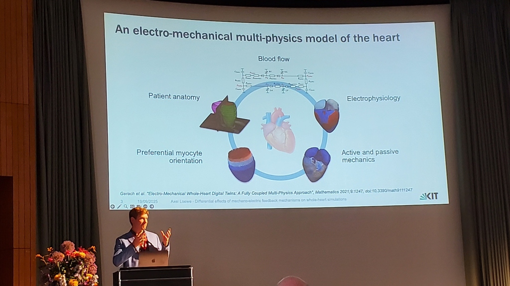 Präsentation eines elektro-mechanischen Multi-Physik-Modells des Herzens mit verschiedenen Teilaspekten.